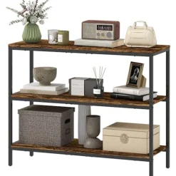 Konsolbord, sidebord med 3 etagers hylde, spånplade, metal, lysebrun