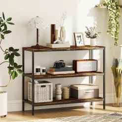 Konsolbord, sidebord med 3 etagers hylde, spånplade, metal, lysebrun