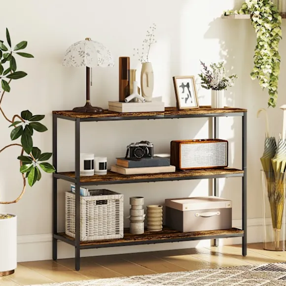 Konsolbord, sidebord med 3 etagers hylde, spånplade, metal, lysebrun