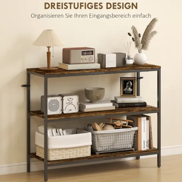 Konsolbord, sidebord med 3 etagers hylde, spånplade, metal, lysebrun