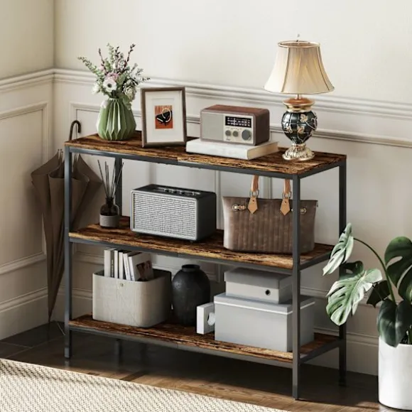 Konsolbord, sidebord med 3 etagers hylde, spånplade, metal, lysebrun