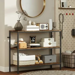 Konsolbord, sidebord med 3 etagers hylde, spånplade, metal, lysebrun