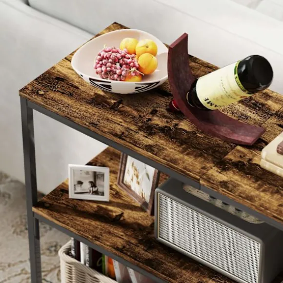 Konsolbord, sidebord med 3 etagers hylde, spånplade, metal, lysebrun