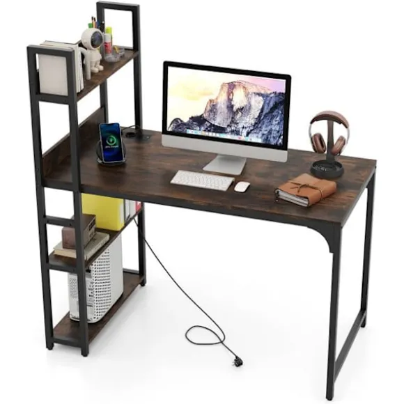 Kontor med Stikkontakt - COSTWAY - Bibliotek - Strømstik - USB A-port - Type-C-port Metalramme - Brun