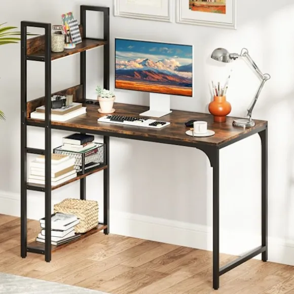 Kontor med Stikkontakt - COSTWAY - Bibliotek - Strømstik - USB A-port - Type-C-port Metalramme - Brun