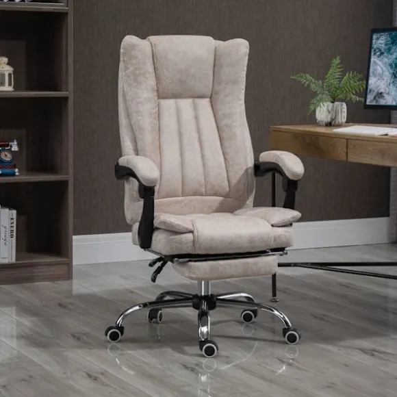 Kontorstol Drejestol Skrivebordsstol Med Tilbagelænet Funktion Fodstøtte Højdejusterbar Mikrofiber Beige + Sort + Sølv 63 X 71 X 110-118 Cm