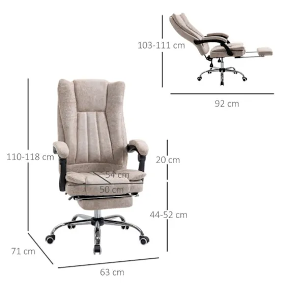 Kontorstol Drejestol Skrivebordsstol Med Tilbagelænet Funktion Fodstøtte Højdejusterbar Mikrofiber Beige + Sort + Sølv 63 X 71 X 110-118 Cm