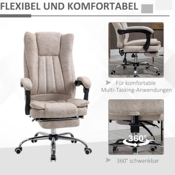 Kontorstol Drejestol Skrivebordsstol Med Tilbagelænet Funktion Fodstøtte Højdejusterbar Mikrofiber Beige + Sort + Sølv 63 X 71 X 110-118 Cm