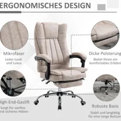 Kontorstol Drejestol Skrivebordsstol Med Tilbagelænet Funktion Fodstøtte Højdejusterbar Mikrofiber Beige + Sort + Sølv 63 X 71 X 110-118 Cm