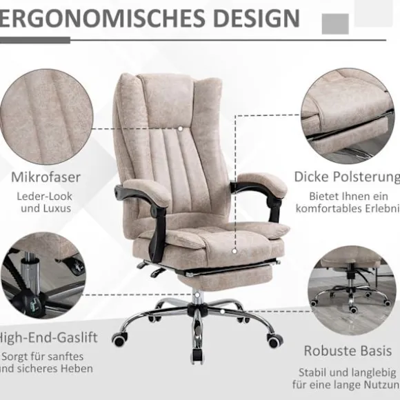 Kontorstol Drejestol Skrivebordsstol Med Tilbagelænet Funktion Fodstøtte Højdejusterbar Mikrofiber Beige + Sort + Sølv 63 X 71 X 110-118 Cm