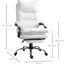 Kontorstol Med Fodstøtte, Højdejusterbar Skrivebordsstol, Drejestol, Ryglæn, Imiteret Læder, Hvid, 66 X 72 X 122-130 Cm