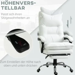 Kontorstol Med Fodstøtte, Højdejusterbar Skrivebordsstol, Drejestol, Ryglæn, Imiteret Læder, Hvid, 66 X 72 X 122-130 Cm