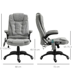 Kontorstol med massage- og varmefunktion, Ergonomisk, Højdejusterbar, Glat, 6 Massagepunkter, 68W x 72D x 110-120H cm, Grå