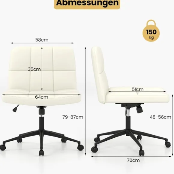 Kontorstol uden armlæn Skrivebordsstol med bredt sæde 360° roterende kunstlæder til hjemmekontor beige