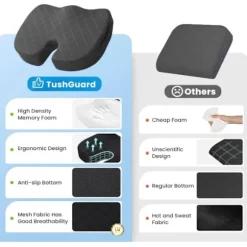 Kontorstolsædehynde, ekstra stor memory foam-hynde, ergonomisk designet til at lindre iskias og smerter forårsaget af langvarig siddende, sort.