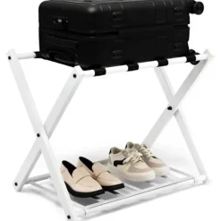 Kuffertholder - COSTWAY - Sammenfoldelig bagage, 2 etager - 4 metalopbevaringsstropper svart + vit