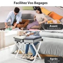 Kuffertholder - COSTWAY - Sammenfoldelig bagage, 2 etager - 4 metalopbevaringsstropper svart + vit