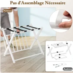 Kuffertholder - COSTWAY - Sammenfoldelig bagage, 2 etager - 4 metalopbevaringsstropper svart + vit