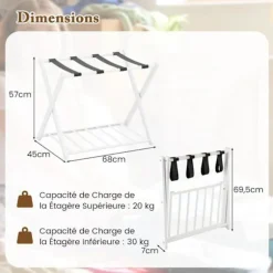 Kuffertholder - COSTWAY - Sammenfoldelig bagage, 2 etager - 4 metalopbevaringsstropper svart + vit