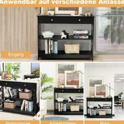 3-lags konsolbord i sort træ med skuffe, 100x30x80 cm