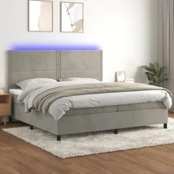 Lamelseng - Eksklusiv Hus - 200x200 cm - Lys grå velour - Farvet LED
