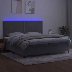 Lamelseng - Eksklusiv Hus - 200x200 cm - Lys grå velour - Farvet LED
