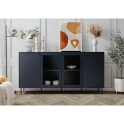 Lav skænk - CARACAS - Marineblå indretning - 2 glaslåger + 2 låger - L180 x H90 x D40 cm marinblå