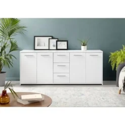 Lav skænk - Mat hvid - 4 låger 3 skuffer - L 179 x D 42 x H 74,5 cm Matt vit