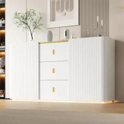 LED Skænk 150 cm Bred Med 2 Døre & 2 Skuffer, Multifunktionel Kommode & Highboard Med Belysning White