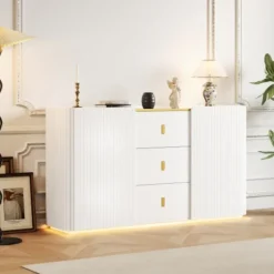 LED Skænk 150 cm Bred Med 2 Døre & 2 Skuffer, Multifunktionel Kommode & Highboard Med Belysning White
