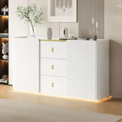 LED Skænk 150 cm Bred Med 2 Døre & 2 Skuffer, Multifunktionel Kommode & Highboard Med Belysning White