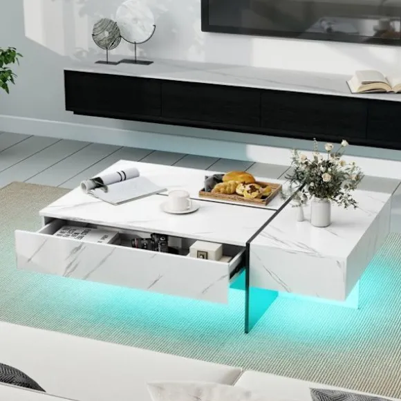 LED Sofabord COSTWAY 120 x 70 x 35 cm, 3 Opbevaringsskuffer, Rektangulært Møbel til Stuen, Hvid Marmorimitationsfinish Hvid