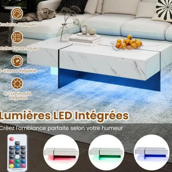LED Sofabord COSTWAY 120 x 70 x 35 cm, 3 Opbevaringsskuffer, Rektangulært Møbel til Stuen, Hvid Marmorimitationsfinish Hvid