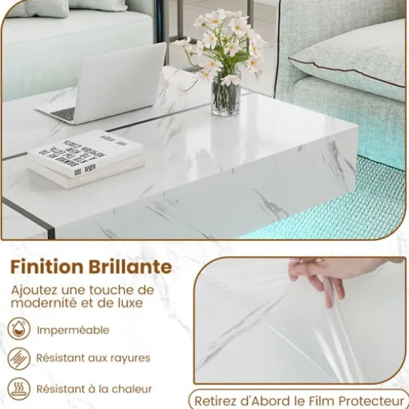 LED Sofabord COSTWAY 120 x 70 x 35 cm, 3 Opbevaringsskuffer, Rektangulært Møbel til Stuen, Hvid Marmorimitationsfinish Hvid