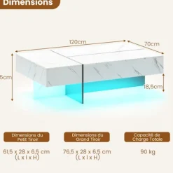 LED Sofabord COSTWAY 120 x 70 x 35 cm, 3 Opbevaringsskuffer, Rektangulært Møbel til Stuen, Hvid Marmorimitationsfinish Hvid