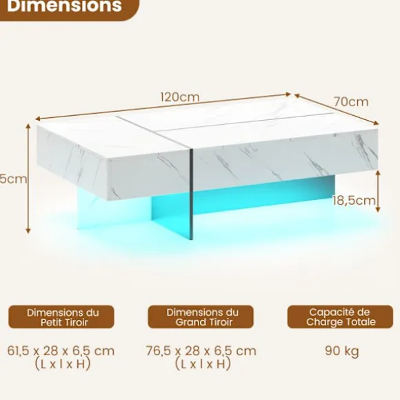 LED Sofabord COSTWAY 120 x 70 x 35 cm, 3 Opbevaringsskuffer, Rektangulært Møbel til Stuen, Hvid Marmorimitationsfinish Hvid