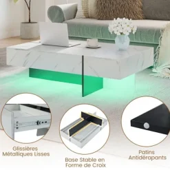 LED Sofabord COSTWAY 120 x 70 x 35 cm, 3 Opbevaringsskuffer, Rektangulært Møbel til Stuen, Hvid Marmorimitationsfinish Hvid