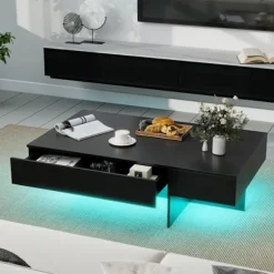 LED Sofabord COSTWAY 120 x 70 x 35 cm, 3 Opbevaringsskuffer, Rektangulært Møbel til Stuen, Sort Marmorlook Sort