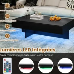 LED Sofabord COSTWAY 120 x 70 x 35 cm, 3 Opbevaringsskuffer, Rektangulært Møbel til Stuen, Sort Marmorlook Sort