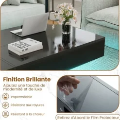 LED Sofabord COSTWAY 120 x 70 x 35 cm, 3 Opbevaringsskuffer, Rektangulært Møbel til Stuen, Sort Marmorlook Sort