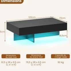 LED Sofabord COSTWAY 120 x 70 x 35 cm, 3 Opbevaringsskuffer, Rektangulært Møbel til Stuen, Sort Marmorlook Sort