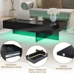 LED Sofabord COSTWAY 120 x 70 x 35 cm, 3 Opbevaringsskuffer, Rektangulært Møbel til Stuen, Sort Marmorlook Sort