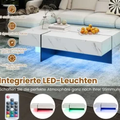LED sofabord med 3 skuffer, højglans hvid