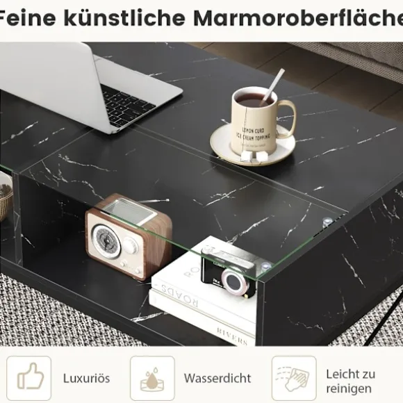 LED sofabord med marmor look & justerbare lysfarver & Lysstyrke stuebord sort