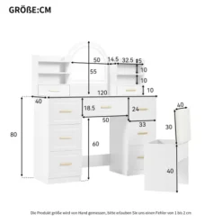 LED toiletbord med spejl, 9 skuffer, belysning, makeupbord, 120x40cm, hvid til soveværelse og stue White