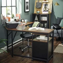 L-formet Computerbord, Hjørnebord til Studier, Hjemmekontor, Spil, Pladsbesparende, Nem Montering, Industrielt Design, Rustikbrun og Sort