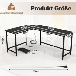L-formet computerbord med stikkontakt & CPU Stand & Robust metalramme hjørnebord sort