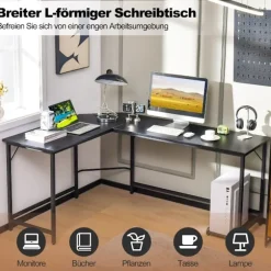 L-formet computerbord med stikkontakt & CPU Stand & Robust metalramme hjørnebord sort