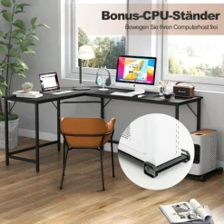 L-formet computerbord med stikkontakt & CPU Stand & Robust metalramme hjørnebord sort