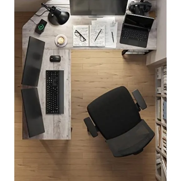 L-formet computerbord med hylder - Perfekt hjørneskrivebord til arbejde og gaming, Greige og sort